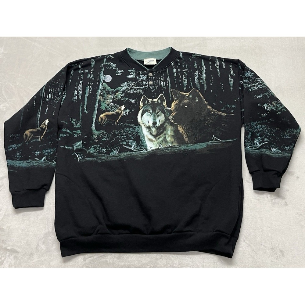 Vintage Artisans Henley Sweatshirt Men 3XL Black Fleece Wolf All Over Print USA